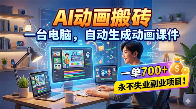 AI动画搬砖，一台电脑，自动生成动画课件，一单800+  永不失业副业项目！-优创圈