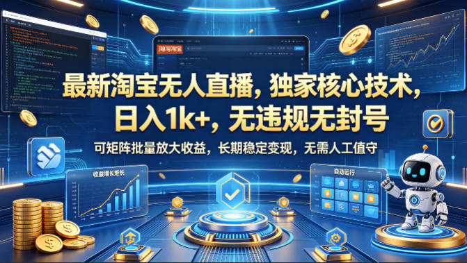 最新淘宝无人直播，独家核心技术，日入1k+，无违规无封号，可矩阵批量放大，长期稳定，无需人工值守【揭秘】-优创圈