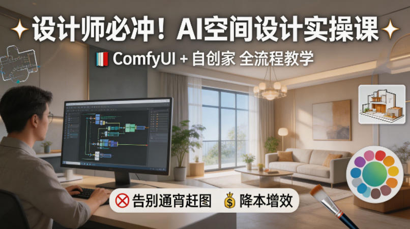 设计师必冲！AI空间设计实操课，ComfyUI+自创家全教学，告别通宵赶图，降本增效-优创圈