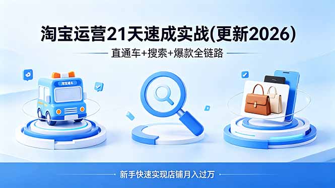 淘宝运营21天速成实战(更新4月)，直通车+搜索+爆款全链路，新手快速实现店铺月入过万-优创圈