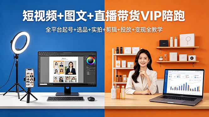 短视频+图文+直播带货VIP陪跑，全平台起号+选品+实拍+剪辑+投放+变现全教学-优创圈