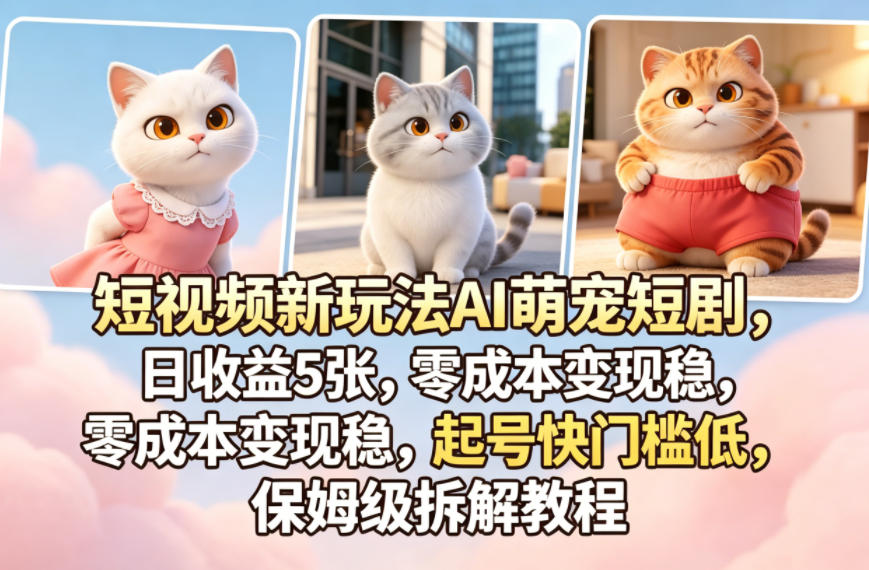 短视频新玩法AI萌宠短剧，日收益5张，零成本变现稳，起号快门槛低，保姆级拆解教程-优创圈