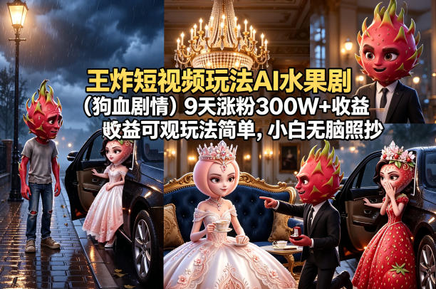 王炸短视频玩法AI水果剧（狗血剧情）9天涨粉300W+收益可观玩法简单，小白无脑照抄，详细拆解玩法-优创圈