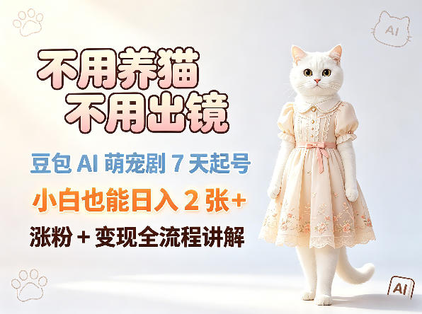 不用养猫不用出镜，豆包AI萌宠剧7天起号，小白也能日入2张+，涨粉+变现全流程讲解-优创圈