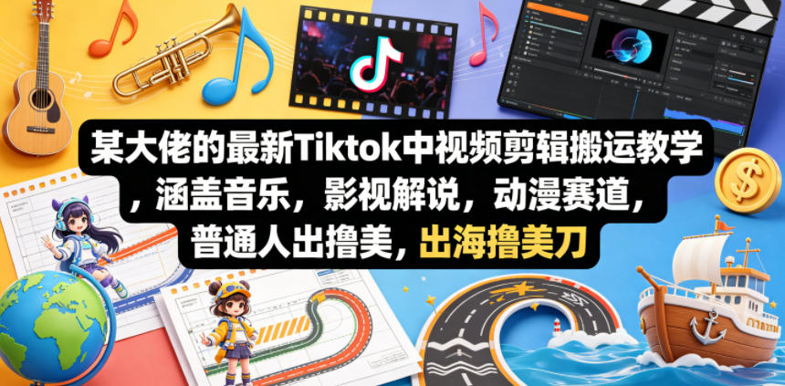 某大佬的最新Tiktok中视频剪辑搬运教学，涵盖音乐，影视解说，动漫赛道，普通人出海撸美刀-优创圈