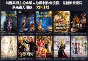 抖音某博主的水果人动画制作全流程，最新流量密码，条条百万播放，伙伴计划|分成计划|商单|收徒等-优创圈