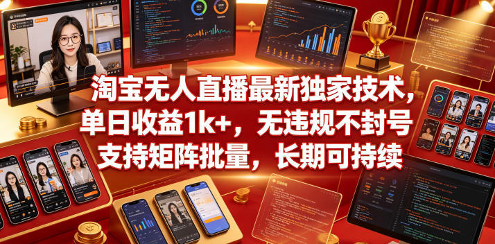 淘宝无人直播最新独家技术，单日收益1k+，无违规不封号，支持矩阵批量，长期可持续【揭秘】-优创圈