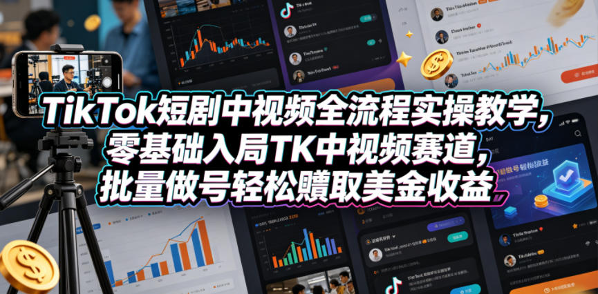 TikTok短剧中视频全流程实操教学，零基础入局TK中视频赛道，批量做号轻松賺取美金收益-优创圈