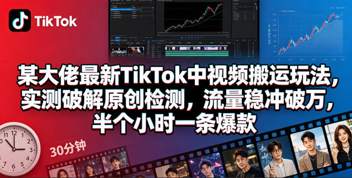 某大佬最新TikTok中视频搬运玩法，实测破解原创检测，流量稳冲破万，半个小时一条爆款-优创圈