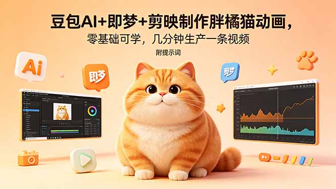 豆包AI+即梦+剪映制作胖橘猫动画，零基础可学，几分钟生产一条视频，附提示词-优创圈