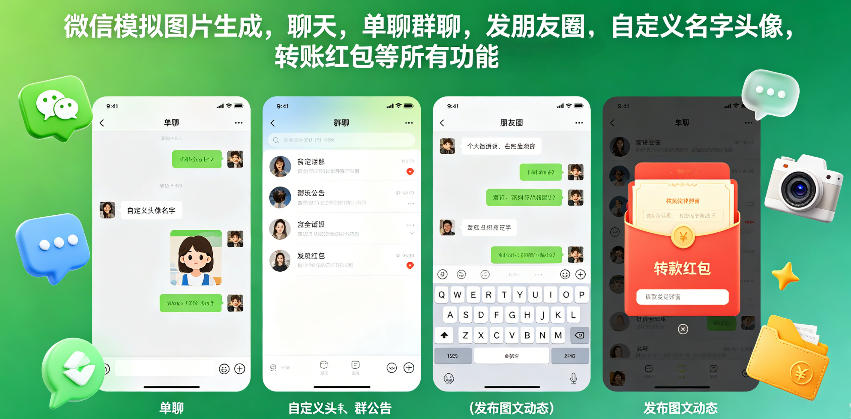 微信模拟图片生成，聊天，单聊群聊，发朋友圈，自定义名字头像，转账红包等所有功能都可以生成-优创圈