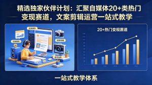 精选独家伙伴计划:汇聚自媒体20+类热门变现赛道,文案剪辑运营一站式教学-优创圈