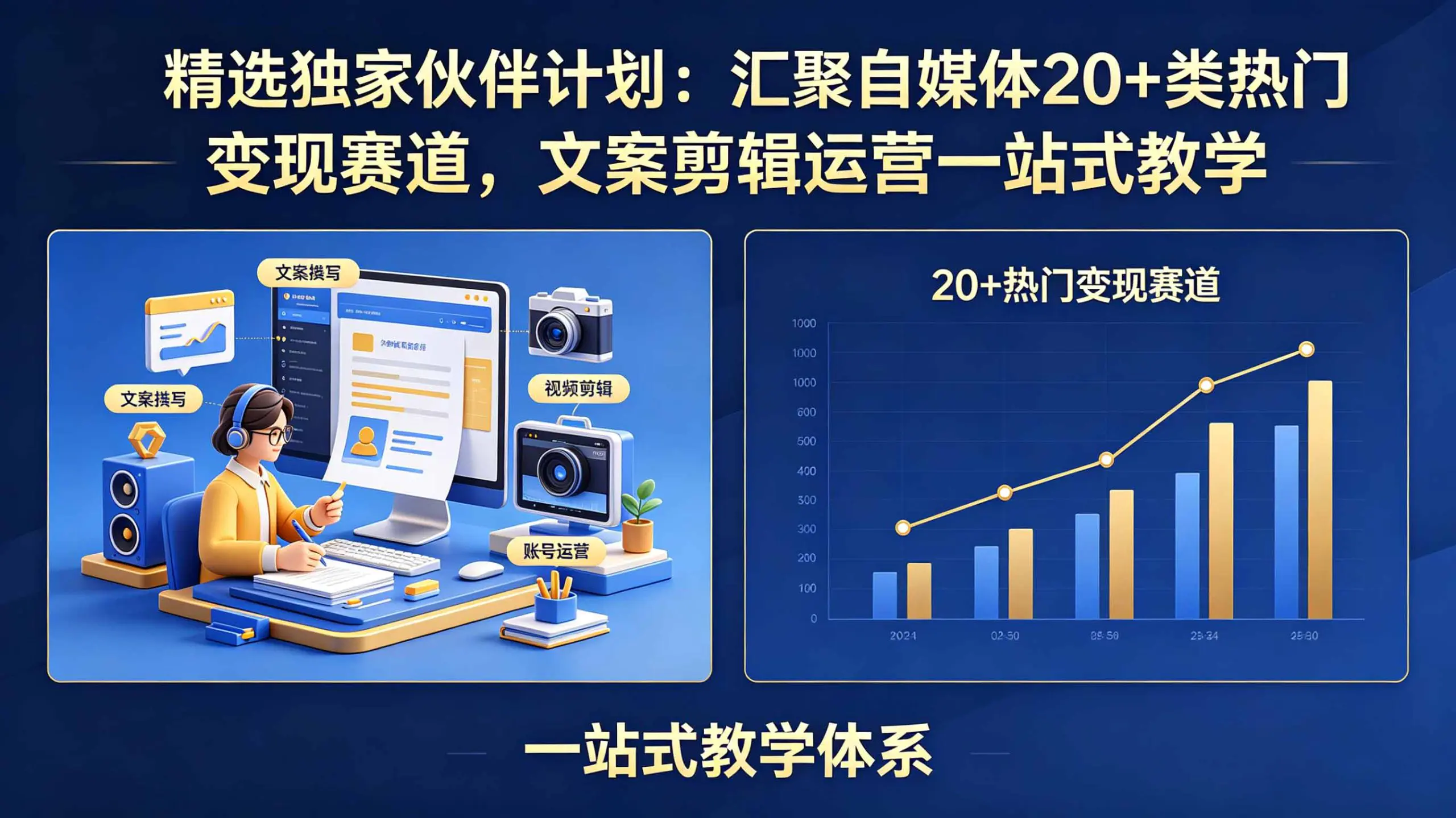 精选独家伙伴计划:汇聚自媒体20+类热门变现赛道,文案剪辑运营一站式教学