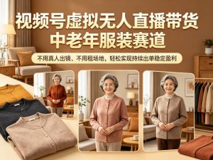 视频号虚拟无人直播带货中老年服装赛道，不用真人出镜、不用租场地，轻松实现持续出单稳定盈利-优创圈