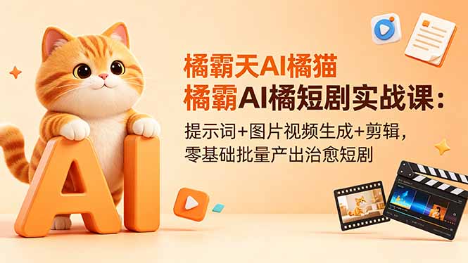 橘霸天AI橘猫短剧实战课:提示词+图片视频生成+剪辑,零基础批量产出治愈短剧-优创圈