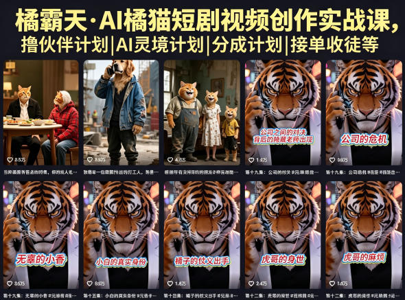 橘霸天·AI橘猫短剧视频创作实战课,撸伙伴计划|AI灵境计划|分成计划|接单收徒等-优创圈