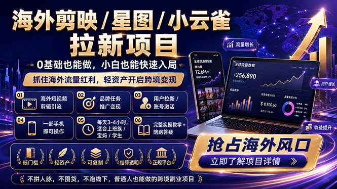 海外剪映 / 星图 / 小云雀拉新项目 普通人也能上手的跨境流量变现副业-优创圈