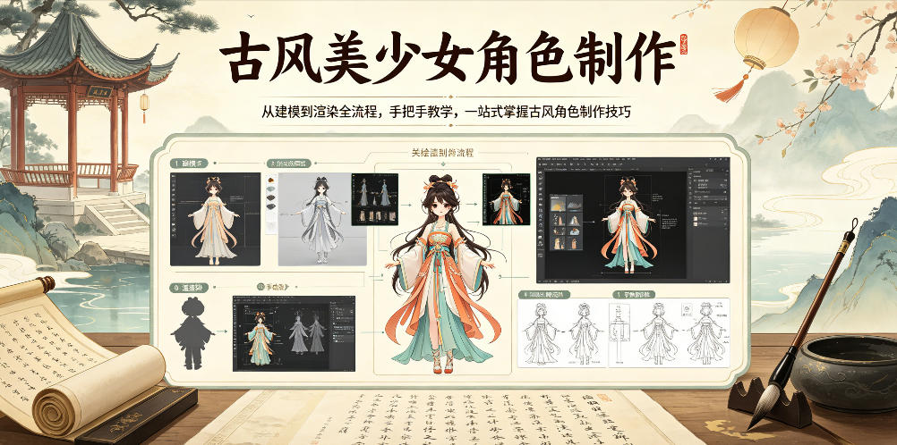 古风美少女角色制作,从建模到渲染全流程,手把手教学,一站式掌握古风角色制作技巧-优创圈