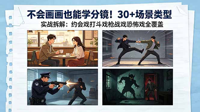 不会画画也能学分镜!30+场景类型实战拆解:约会戏打斗戏枪战戏恐怖戏全覆盖-优创圈