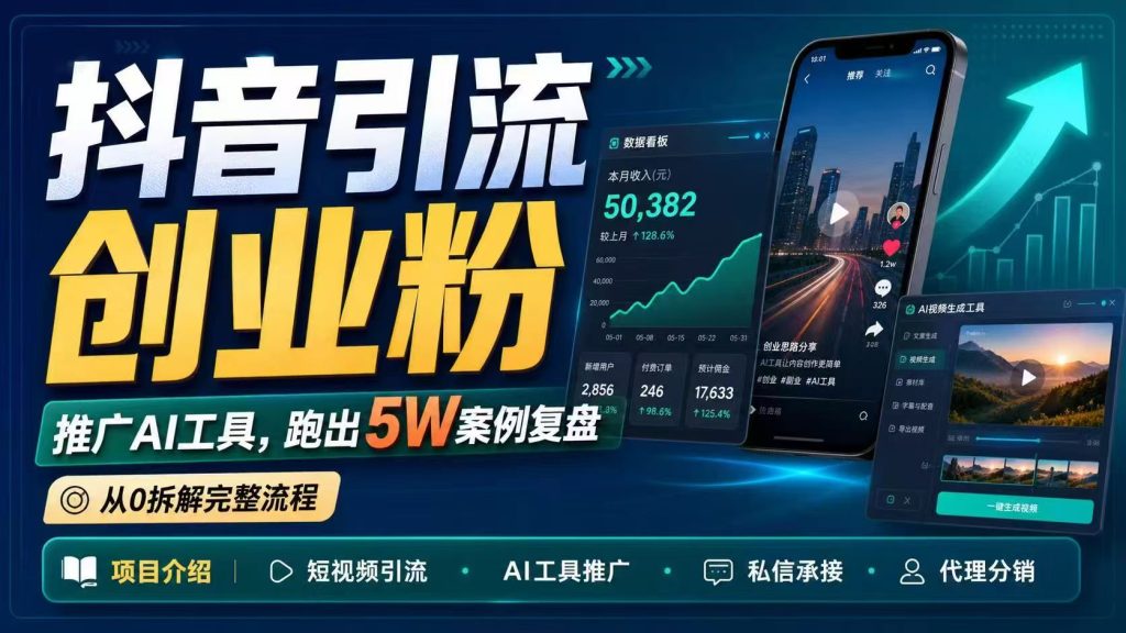 抖音引流创业粉推广AI工具,一个月跑出5W案例复盘,从0拆解完整流程-优创圈