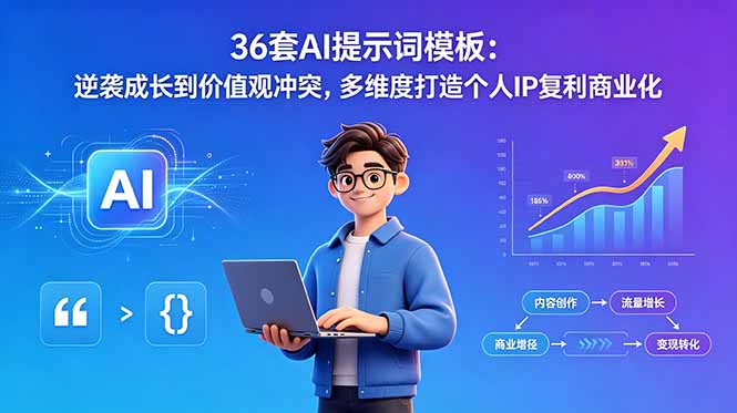36套AI提示词模板:逆袭成长到价值观冲突,多维度打造个人IP复利商业化-优创圈