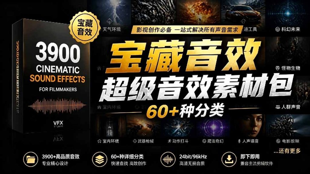 宝藏音效合集包！60+多种音效分类，共计3900个，分类清晰，全中文分类，高品质剪辑音效素材包-优创圈