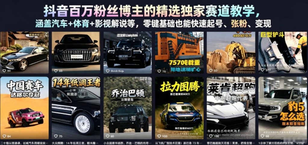 抖音百万粉丝博主的精选独家赛道教学,涵盖汽车+体育+影视解说等,零基础也能快速起号、涨粉、变现-优创圈
