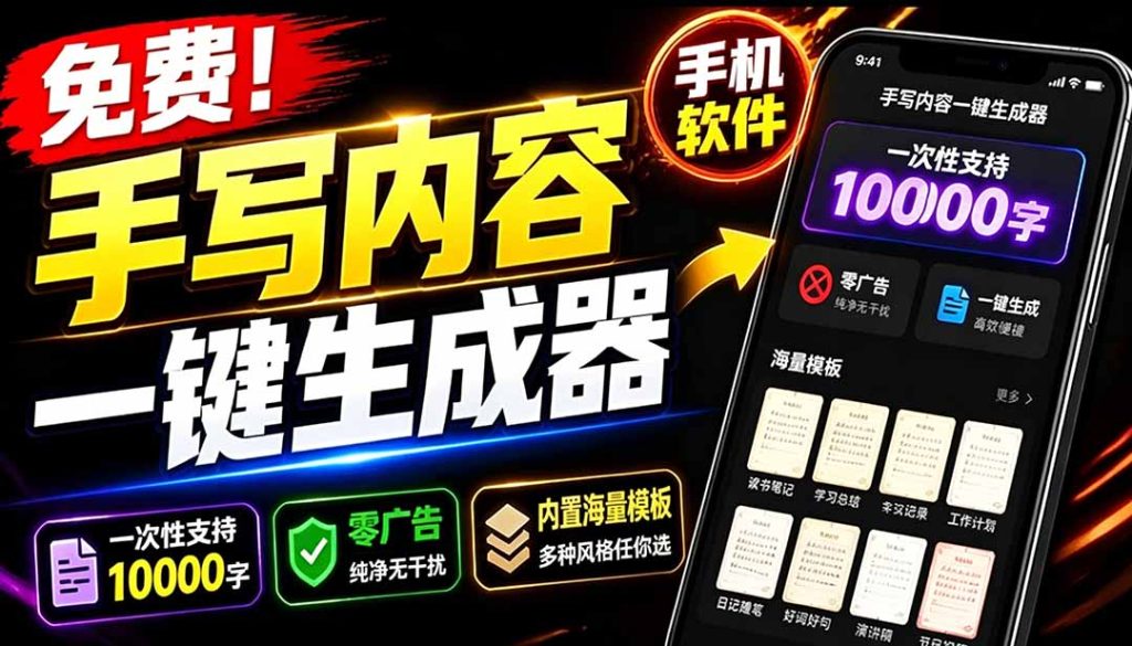 超逼真手写字体一键生成器，纯免费离线运行，一次性支持10000字，零广告，内置海量模板-优创圈