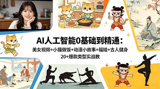 AI人工智能0基础到精通:美女视频+小猫做饭+动漫小故事+福娃+古人健身,20+爆款类型实战教学-优创圈