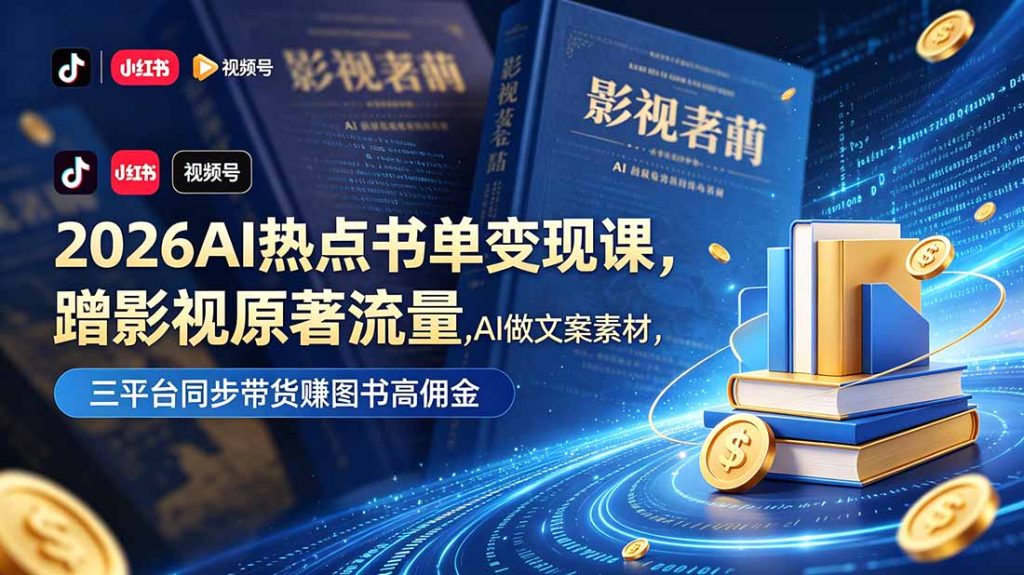 2026AI热点书单变现课，蹭影视原著流量，AI做文案素材，三平台同步带货赚图书高佣金-优创圈