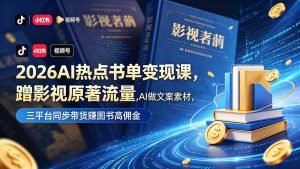 2026AI热点书单变现课，蹭影视原著流量，AI做文案素材，三平台同步带货赚图书高佣金-优创圈