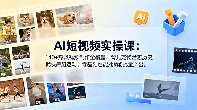 AI短视频实操课：140+爆款视频制作全覆盖，育儿宠物治愈历史武侠舞蹈运动，零基础也能批量产出-优创圈