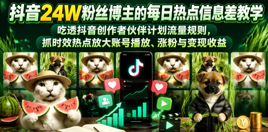 抖音24W粉丝博主的每日热点信息差教学,吃透创作者伙伴计划流量规则,抓时效热点放大账号播放、涨粉与变现收益-优创圈