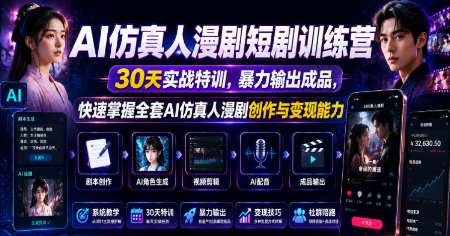 AI仿真人漫剧短剧训练营,30天实战特训,暴力输出成品,快速掌握全套AI仿真人漫剧创作与变现能力-优创圈
