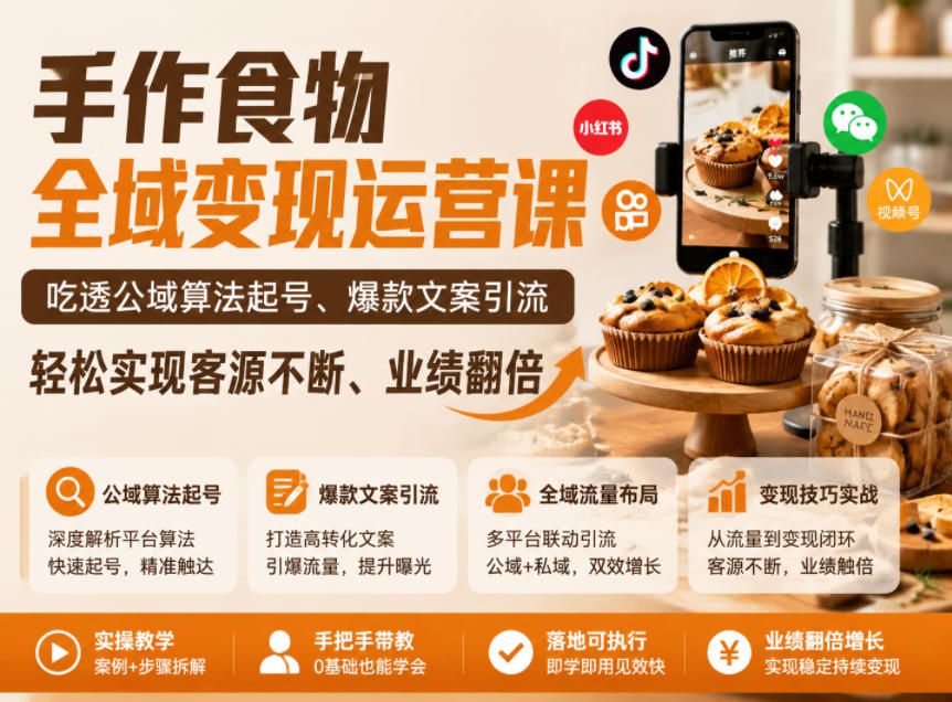 手作食物全域变现运营课,吃透公域算法起号、爆款文案引流,轻松实现客源不断、业绩翻倍-优创圈