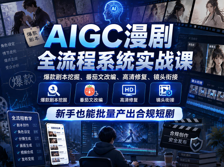 AIGC漫剧全流程系统实战课,爆款剧本挖掘、番茄文改编、高清修复、镜头衔接,新手也能批量产出合规短剧-优创圈