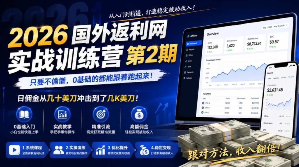 2026年国外返利网实战训练营第2期,只要不偷懒,0基础的都能跟着跑起来,日佣金从几十美刀冲击到了几K美刀-优创圈