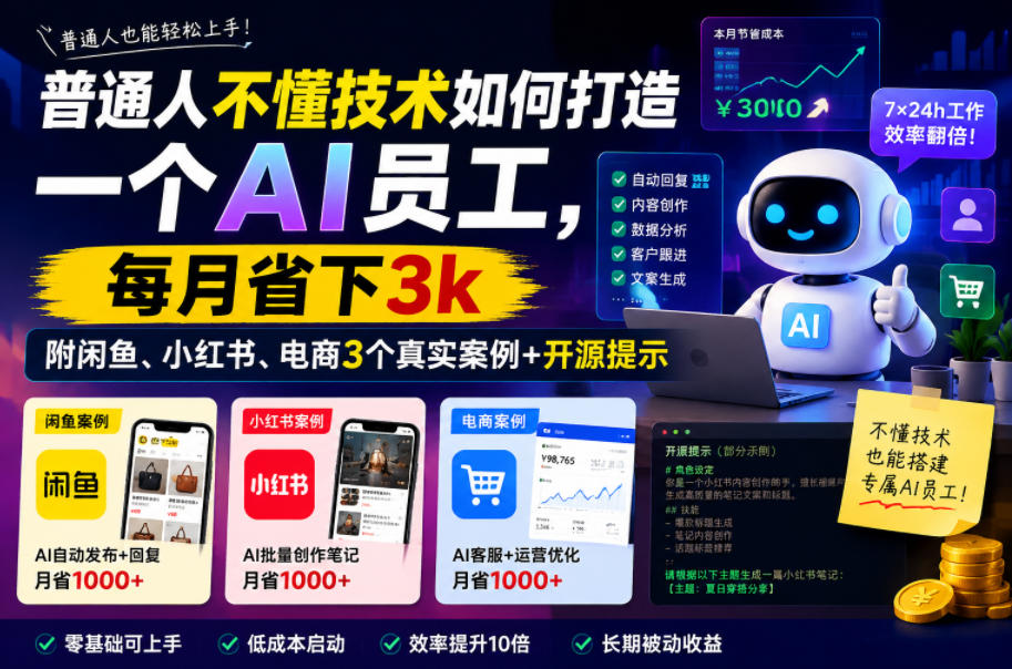 普通人不懂技术如何打造一个AI员工,每月省下3k,附闲鱼、小红书、电商3个真实案例+开源提示【文档】-优创圈