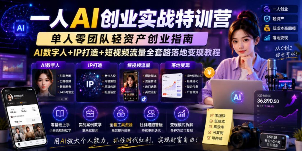 一人AI创业实战特训营,单人零团队轻资产创业指南,AI数字人+IP打造+短视频流量全套路落地变现教程-优创圈