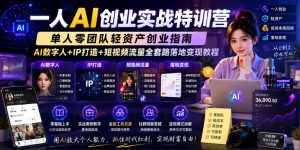 一人AI创业实战特训营,单人零团队轻资产创业指南,AI数字人+IP打造+短视频流量全套路落地变现教程-优创圈