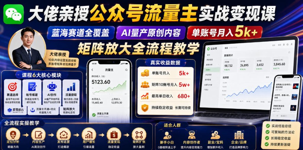 大佬亲授公众号流量主实战变现课,蓝海赛道全覆盖,AI量产原创内容,单账号月入5k+矩阵放大全流程教学-优创圈