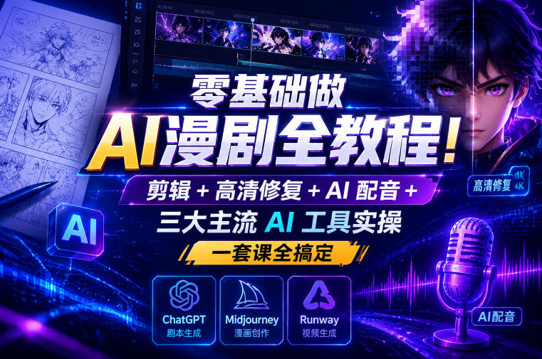 零基础做AI漫剧全教程!剪辑+高清修复+AI配音+三大主流AI工具实操,一套课全搞定-优创圈