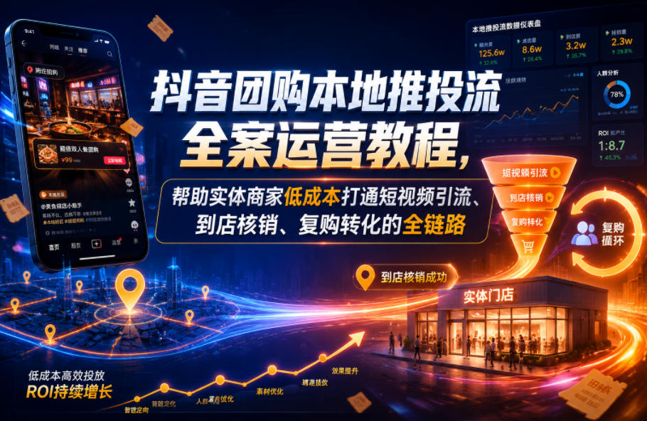 抖音团购本地推投流全案运营教程,帮助实体商家低成本打通短视频引流、到店核销、复购转化的全链路-优创圈