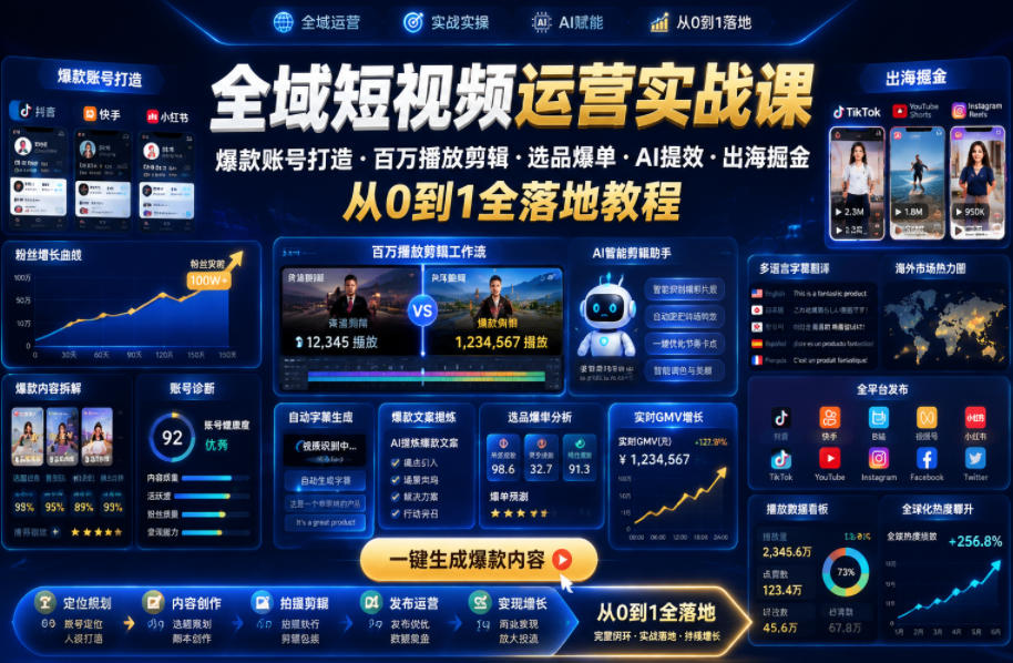 全域短视频运营实战课,爆款账号打造・百万播放剪辑・选品爆单・AI提效・出海掘金,从0到1全落地教程-优创圈