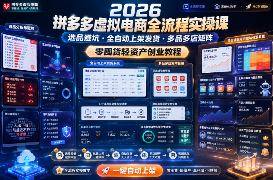 2026拼多多虚拟电商全流程实操课,选品避坑・全自动上架发货・多品多店矩阵,零囤货轻资产创业教程-优创圈