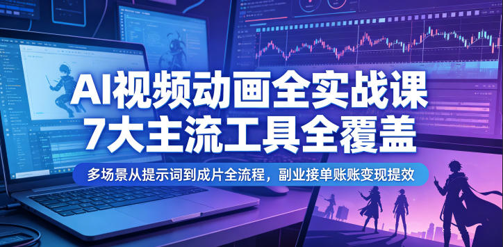 AI视频动画全实战课，7大主流工具全覆盖，多场景从提示词到成片全流程，副业接单账号变现提效-优创圈
