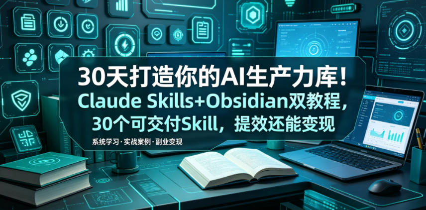 30天打造你的AI生产力库!Claude Skills+Obsidian 双教程,30 个可交付 Skill,提效还能变现-优创圈