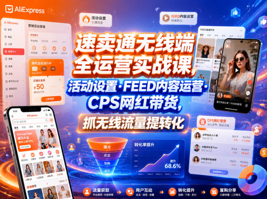 速卖通无线端全运营实战课,活动设置・FEED内容运营・CPS网红带货,抓无线流量提转化-优创圈
