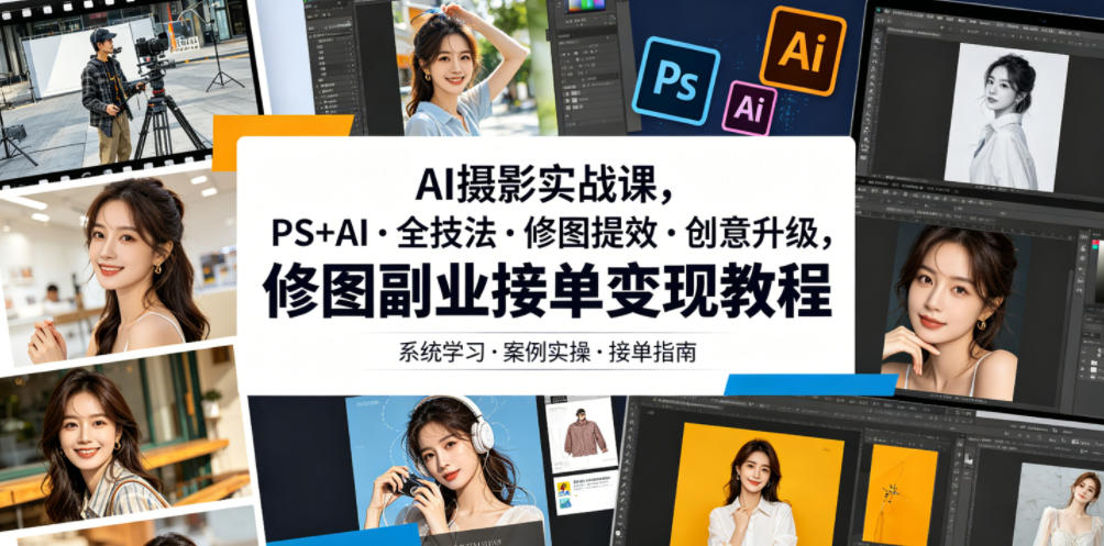 AI摄影实战课,PS+AI・全技法・修图提效・创意升级,修图副业接单变现教程-优创圈