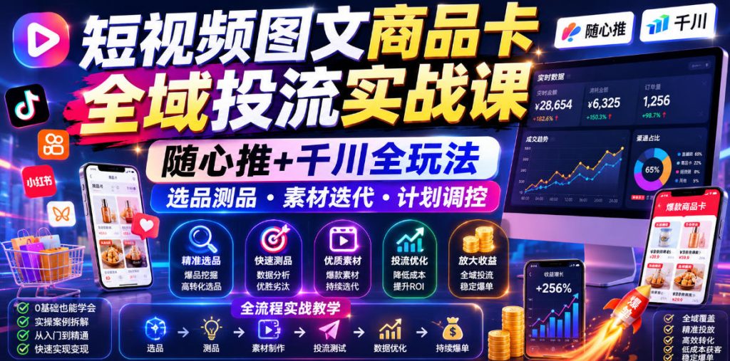 短视频图文商品卡全域投流实战课,随心推+千川全玩法,选品测品・素材迭代・计划调控,提升ROI爆单增收教程-优创圈